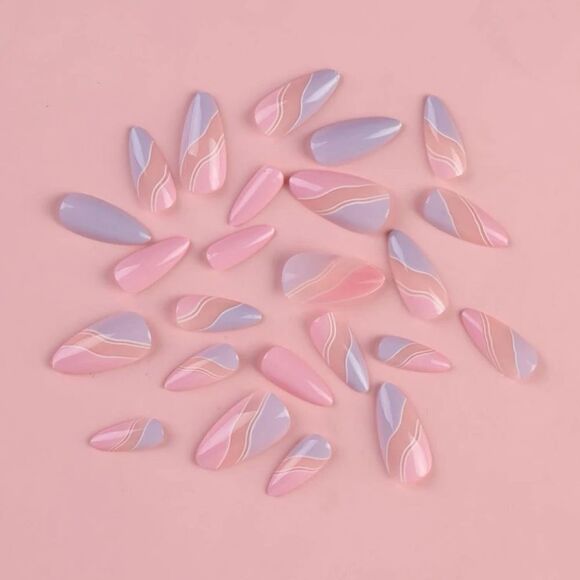 24 pcs Acrylic Long Almond Press On Nail Set Reusable - Picture 5 of 9